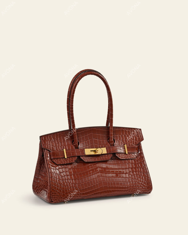 TOKIO SHOULDER - COGNAC CROC - M - (W 29 × H 16 × D 14 cm) / GOLD